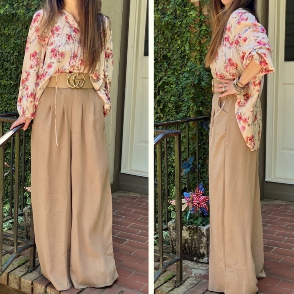 #128 LAST CHANCE!  🛑L Mocha Khaki Fabulous Boho Wide Leg Solid Pleated Pants